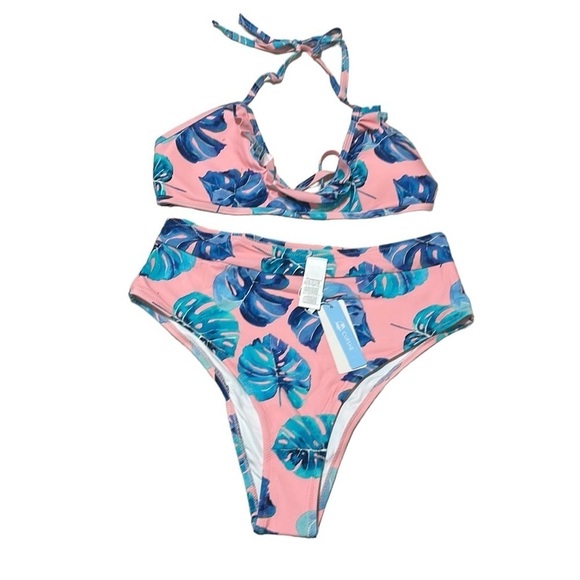 Cupshe Tropical Ruffle Halter High-Waisted Bikini Size XL NWT - Picture 3 of 11